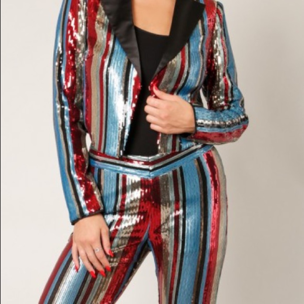 RAELYNN' Multi Color Striped Sequin Pants-Blue